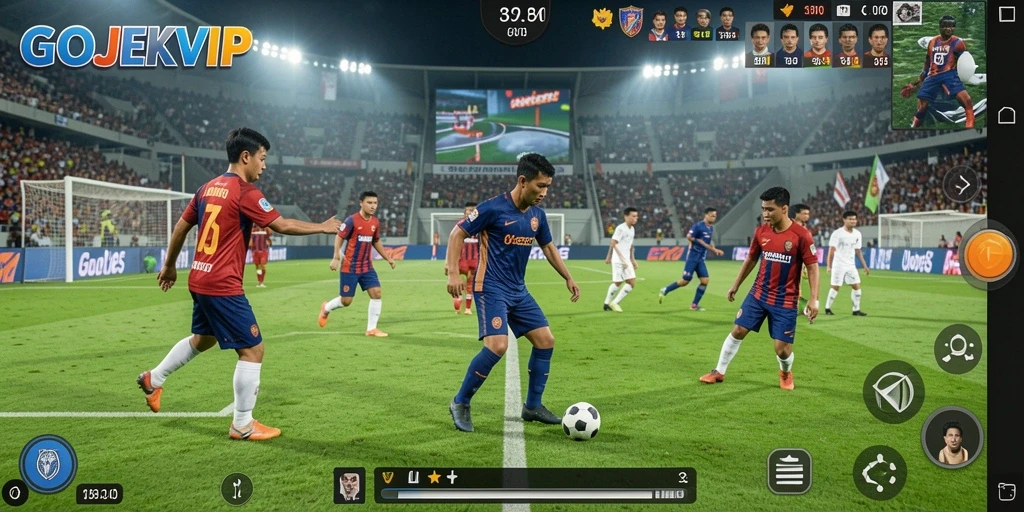 Screenshot gameplay GOJEKVIP menampilkan aksi seru di lapangan sepak bola.