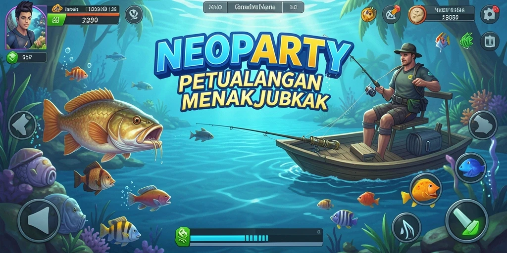 Screenshot NEOPARTY menampilkan aksi seru memancing di lokasi indah.